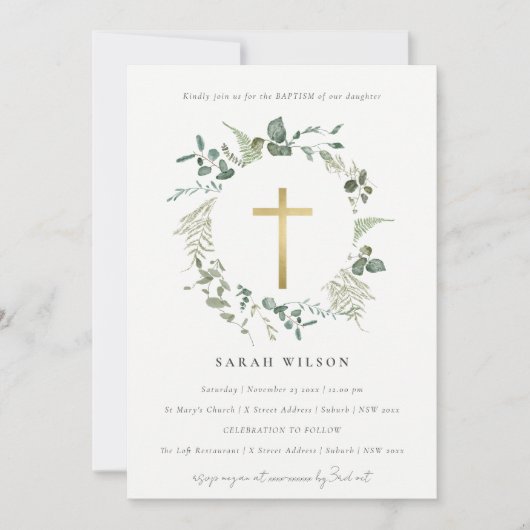 Botanische Eucalyptus Gold Cross-Wreatbaptisme Kaart (Voorkant)