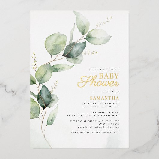 Botanische Eucalyptus Greenery Baby shower Gold Folie Uitnodiging (Voorkant)