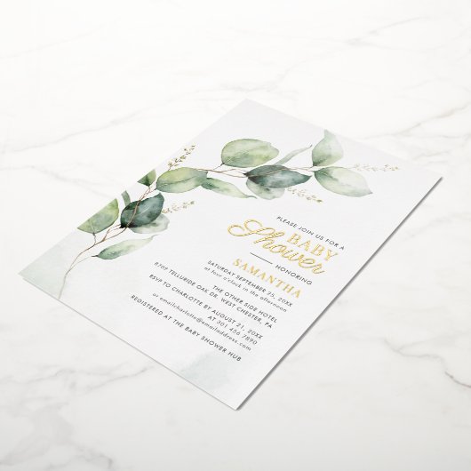 Botanische Eucalyptus Greenery Baby shower Gold Folie Uitnodiging (Gedraaid)