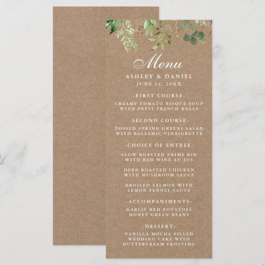 Botanische Eucalyptus Greenery Kraft Wedding Menu (Voorkant / Achterkant)