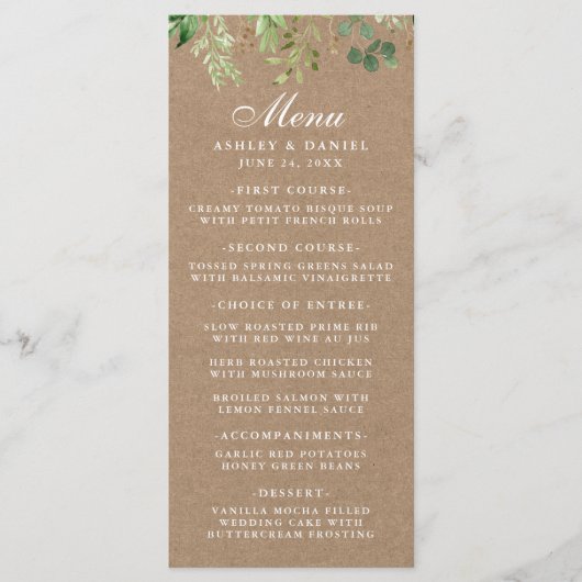 Botanische Eucalyptus Greenery Kraft Wedding Menu (Voorkant)