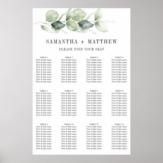 Botanische Eucalyptus Greenery Wedding Seating Sea Poster (Voorkant)