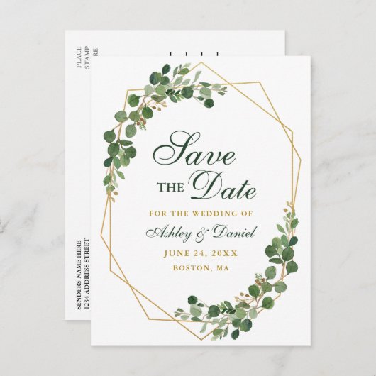 Botanische Eucalyptus Groen Bewaar de Datum Goud Aankondigingskaart (Voorkant / Achterkant)