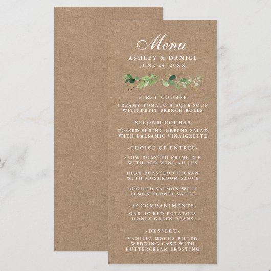 Botanische eucalyptus groen bruiloft kraft menu (Voorkant / Achterkant)