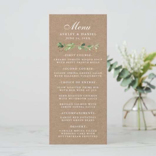 Botanische eucalyptus groen bruiloft kraft menu (Staand voorkant)