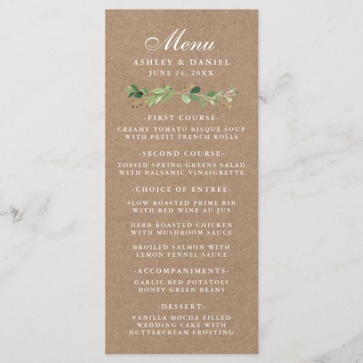 Botanische eucalyptus groen bruiloft kraft menu (Voorkant)