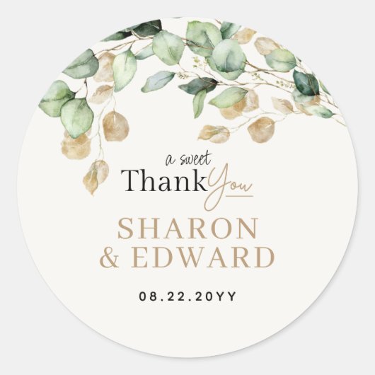 Botanische eucalyptus groen en gouden bruiloft ronde sticker (Voorkant)