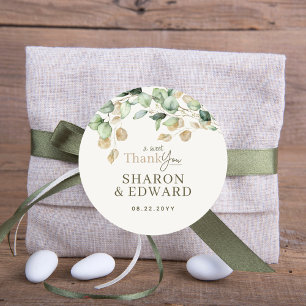 Botanische eucalyptus groen en gouden bruiloft ronde sticker