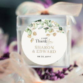 Botanische eucalyptus groen en gouden bruiloft ronde sticker