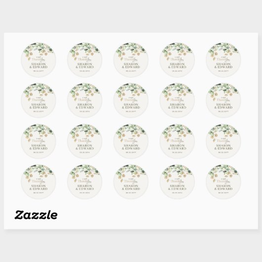 Botanische eucalyptus groen en gouden bruiloft ronde sticker (Vel)