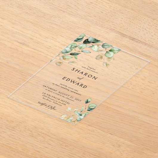 Botanische Eucalyptus groen en gouden chique bruil Acryl Uitnodigingen (Laagn)