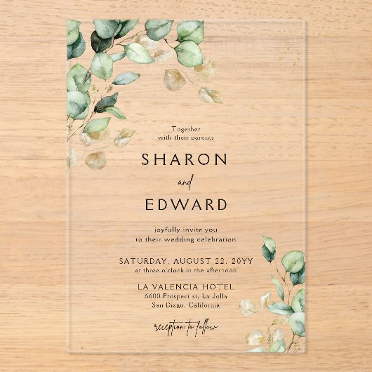 Botanische Eucalyptus groen en gouden chique bruil Acryl Uitnodigingen (Voorkant)