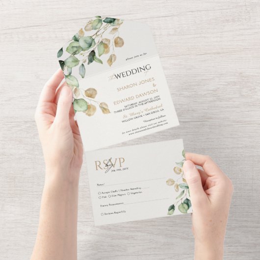 Botanische Eucalyptus groen en gouden chique bruil All In One Uitnodiging (Afscheurbaar)