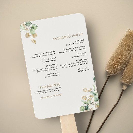 Botanische eucalyptus groen gouden bruiloft progra handwaaier