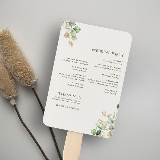 Botanische eucalyptus groen gouden bruiloft progra handwaaier