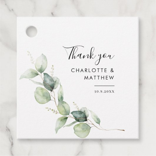 Botanische eucalyptus groen minimale bruiloft bedankjes labels (Voorkant)