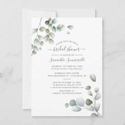 Botanische Eucalyptus Groene Script Bruidsborrel Kaart (Voorkant)