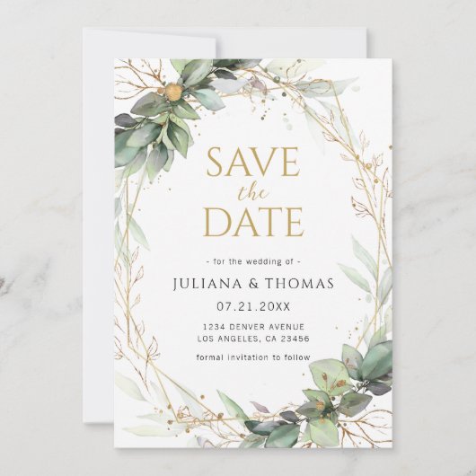 botanische Eucalyptus Groenelementen Gouden Lijst  Save The Date (Voorkant)