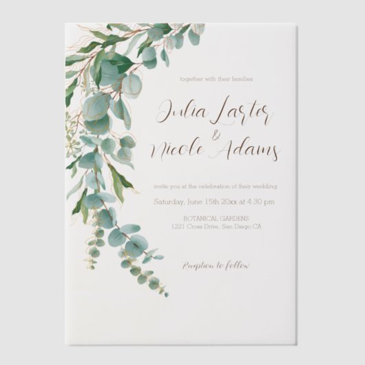 Botanische Eucalyptus Herfst Blad Krans Huwelijk Vellum Uitnodigingen (Voorkant)