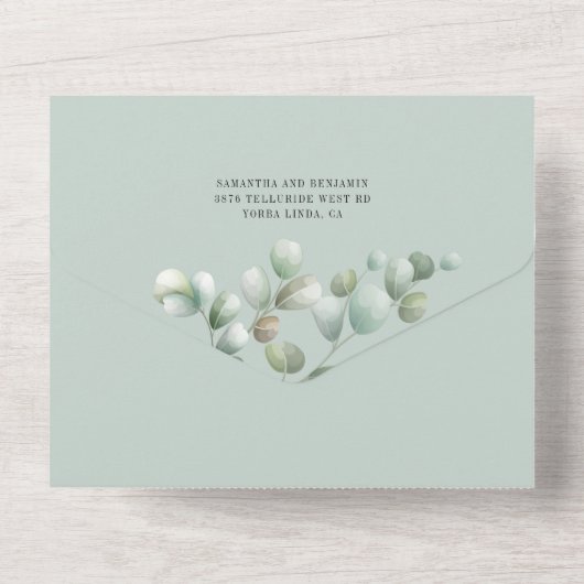 Botanische eucalyptus laat groen huwelijk over all in one uitnodiging (Achterkant)