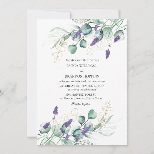 Botanische eucalyptus lavendel groen bruiloft kaart (Voorkant)