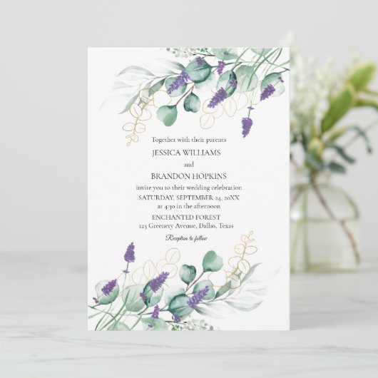 Botanische eucalyptus lavendel groen bruiloft kaart (Staand voorkant)