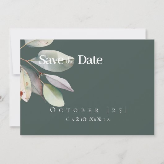 Botanische eucalyptus Leave Flat Save The Date Kaa (Voorkant)