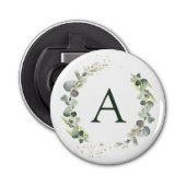 Botanische Eucalyptus Monogram Huwelijksgunst Button Flesopener (Voorkant)