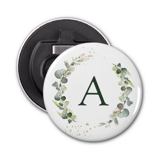Botanische Eucalyptus Monogram Huwelijksgunst Button Flesopener (Voorkant)