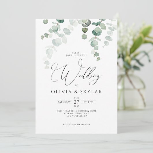 Botanische Eucalyptus QR-code in één bruiloft Kaart (Staand voorkant)