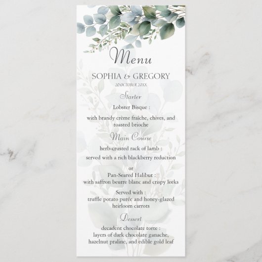 Botanische Eucalyptus Watercolor Trouwmenu Menu (Voorkant)