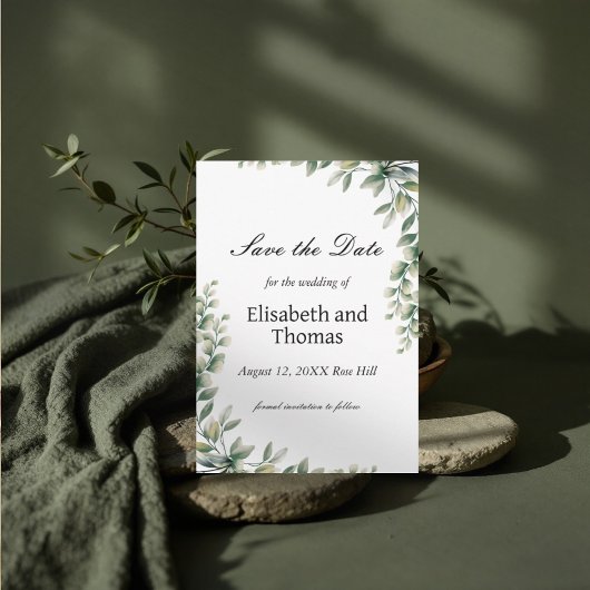 Botanische eucalyptusbladeren bewaren de datumkaar bedankkaart