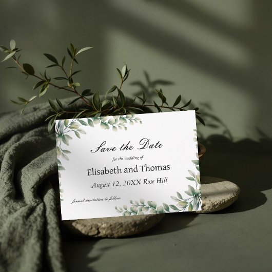 Botanische eucalyptusbladeren bewaren de datumkaar bedankkaart