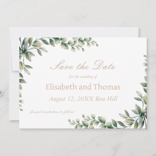 Botanische eucalyptusbladeren bewaren de datumkaar bedankkaart (Voorkant)