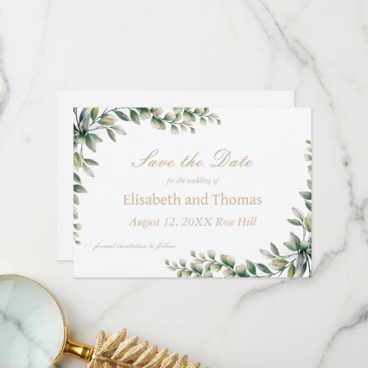 Botanische eucalyptusbladeren bewaren de datumkaar bedankkaart (Voorkant / Achterkant in situ)