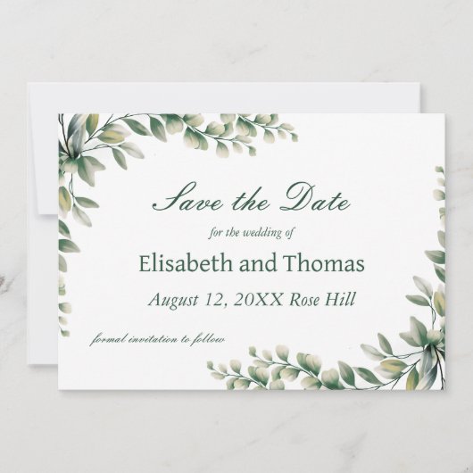 Botanische eucalyptusbladeren save the date kaart (Voorkant)