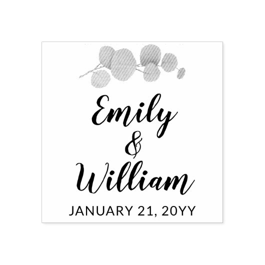 Botanische Eucalyptusbladnamen met trouwdatum Rubberstempel (Afrduk)