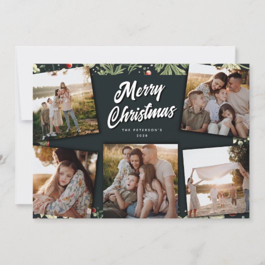 Botanische Feestelijke 5 Fotocollage Kerstmis Feestdagenkaart (Voorkant)