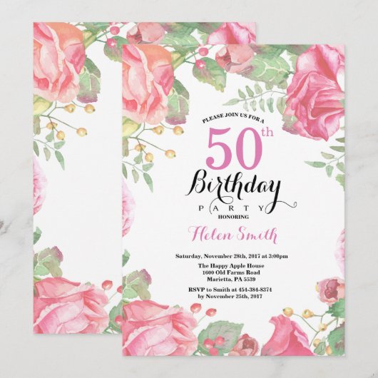 Botanische Floral 50e verjaardag uitnodiging (Voorkant / Achterkant)