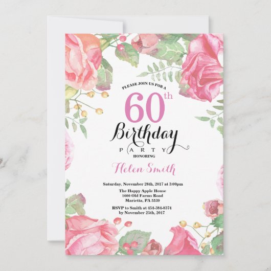 Botanische Floral 60th Birthday Invitation Kaart (Voorkant)