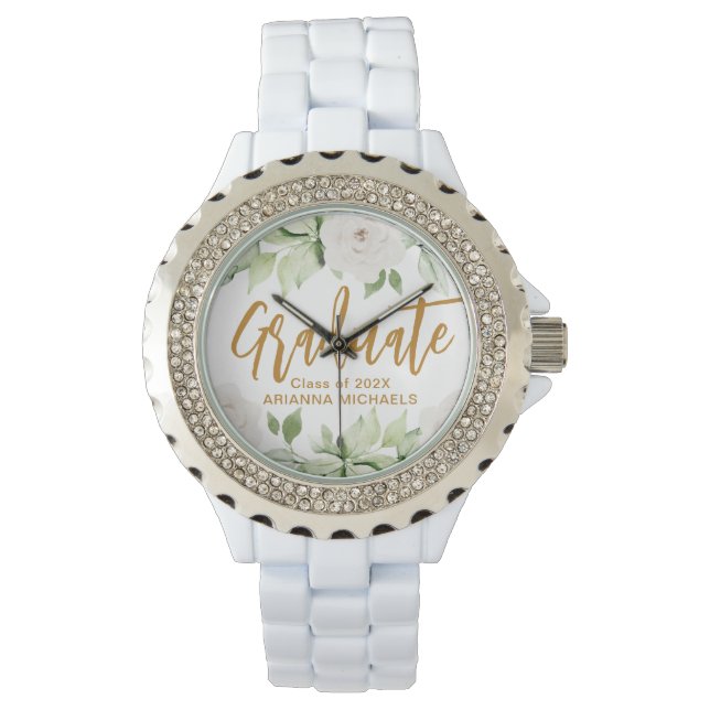 Botanische Floral Afstuderen Afstuderen Wit Horloge (Voorkant)