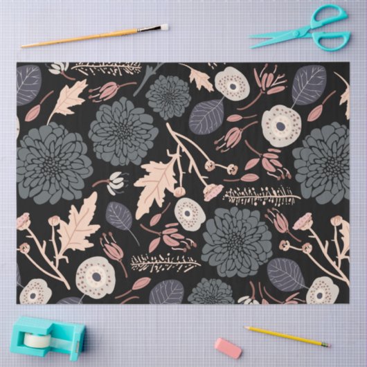 Botanische Floral Black Roze Tissuepapier (Craft)