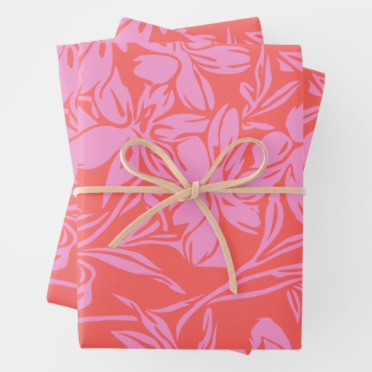 Botanische Floral Boho Art Design in Roze en Rood Inpakpapier Vel (In situ)