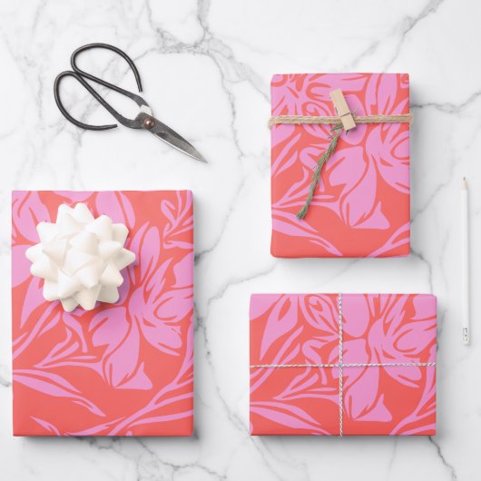 Botanische Floral Boho Art Design in Roze en Rood Inpakpapier Vel (Voorkant)