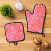 Botanische Floral Boho Art Design in Roze en Rood Ovenwant & Pannenlap Set (Top down)