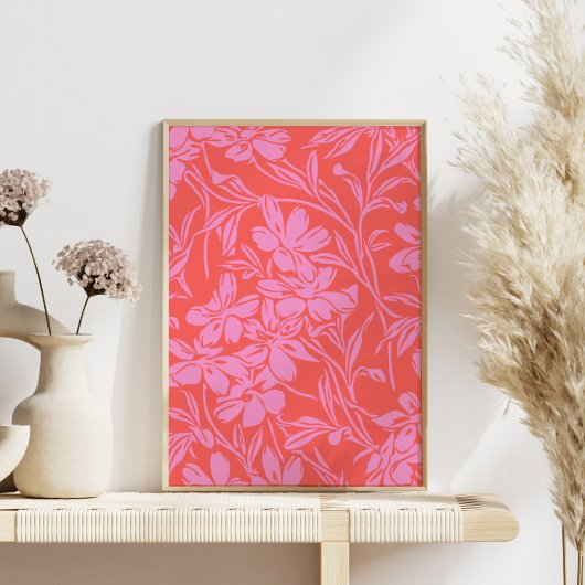 Botanische Floral Boho Art Design in Roze en Rood Poster
