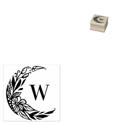Botanische Floral Crescent Moon Custom Monogram Rubberstempel (Gestempeld)