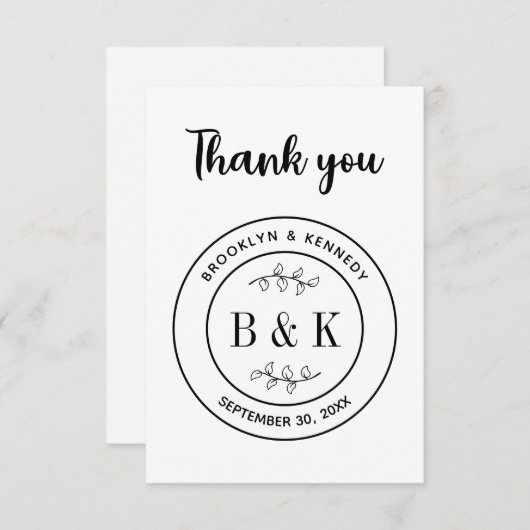 Botanische Floral Fun Monogram Weddenschap Paars N Bedankkaart (Voorkant / Achterkant)