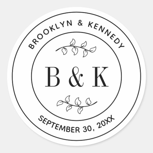 Botanische Floral Fun Monogram Weddenschap Paars N Ronde Sticker (Voorkant)