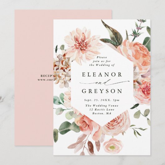 Botanische Floral Garden Blush Hexagon Wedding Kaart (Voorkant / Achterkant)